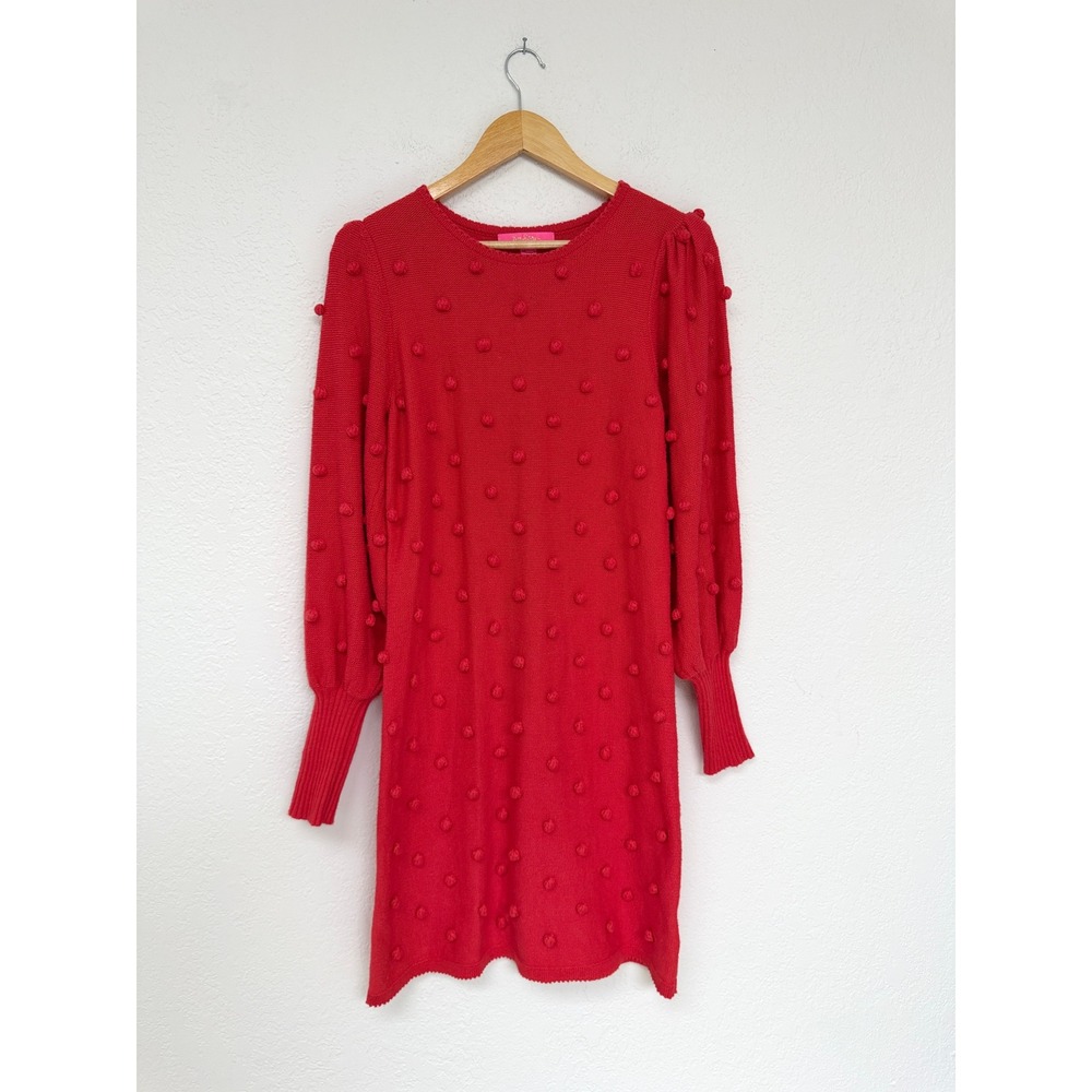 Lilly Pulitzer Red Pom Pom Bobble Knit Sweater Dress Puff Sleeve / M